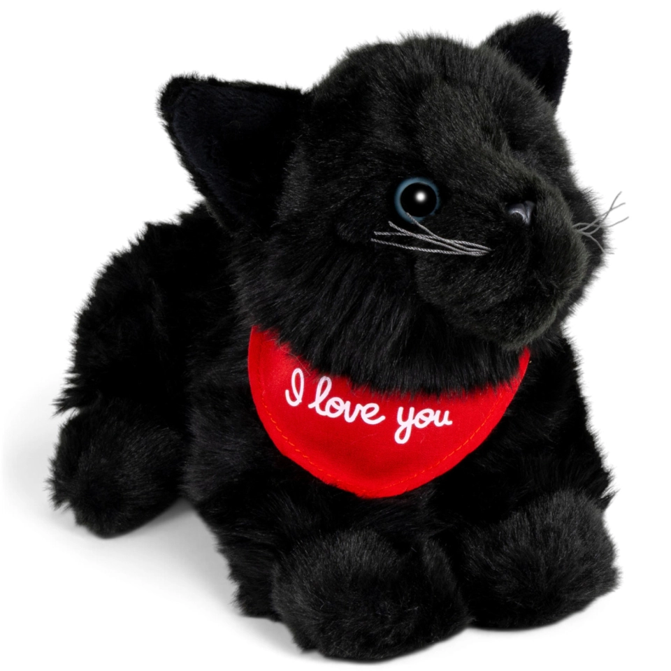 Plush Toy Cat lying black – red “I Love You” scarf