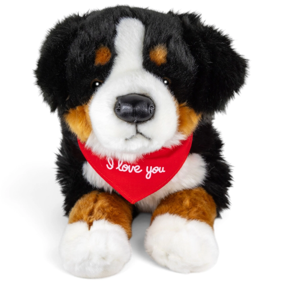 Kuscheltier Berner Sennenhund – rotes „I Love You“-Halstuch