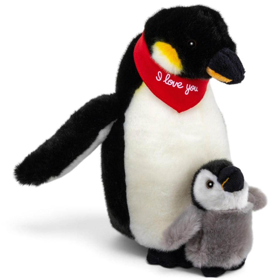 Plush Toy Penguin with Baby – red “I Love You” scarf
