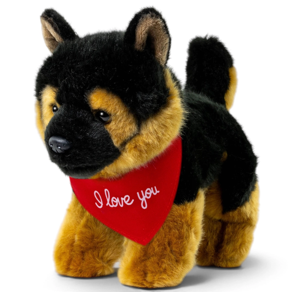 Kuscheltier Schäferhund Welpe – rotes „I Love You“-Halstuch