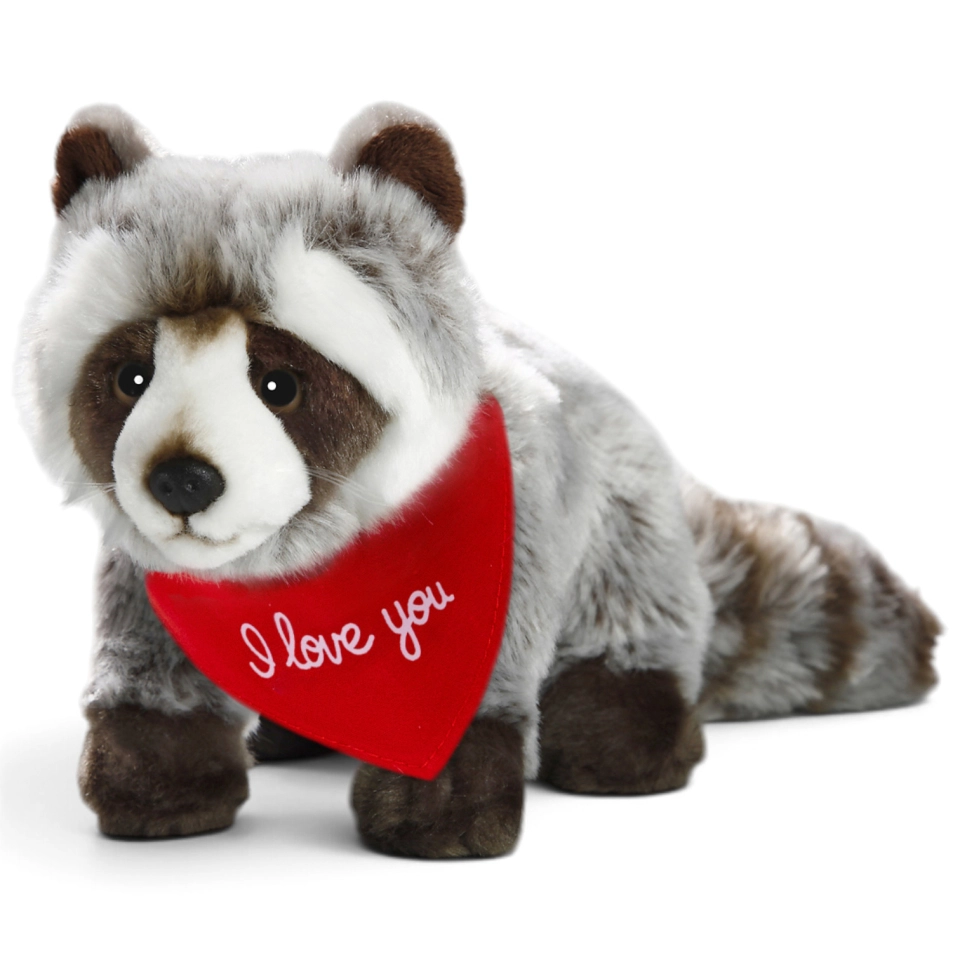 Kuscheltier Waschbär – rotes „I Love You“-Halstuch