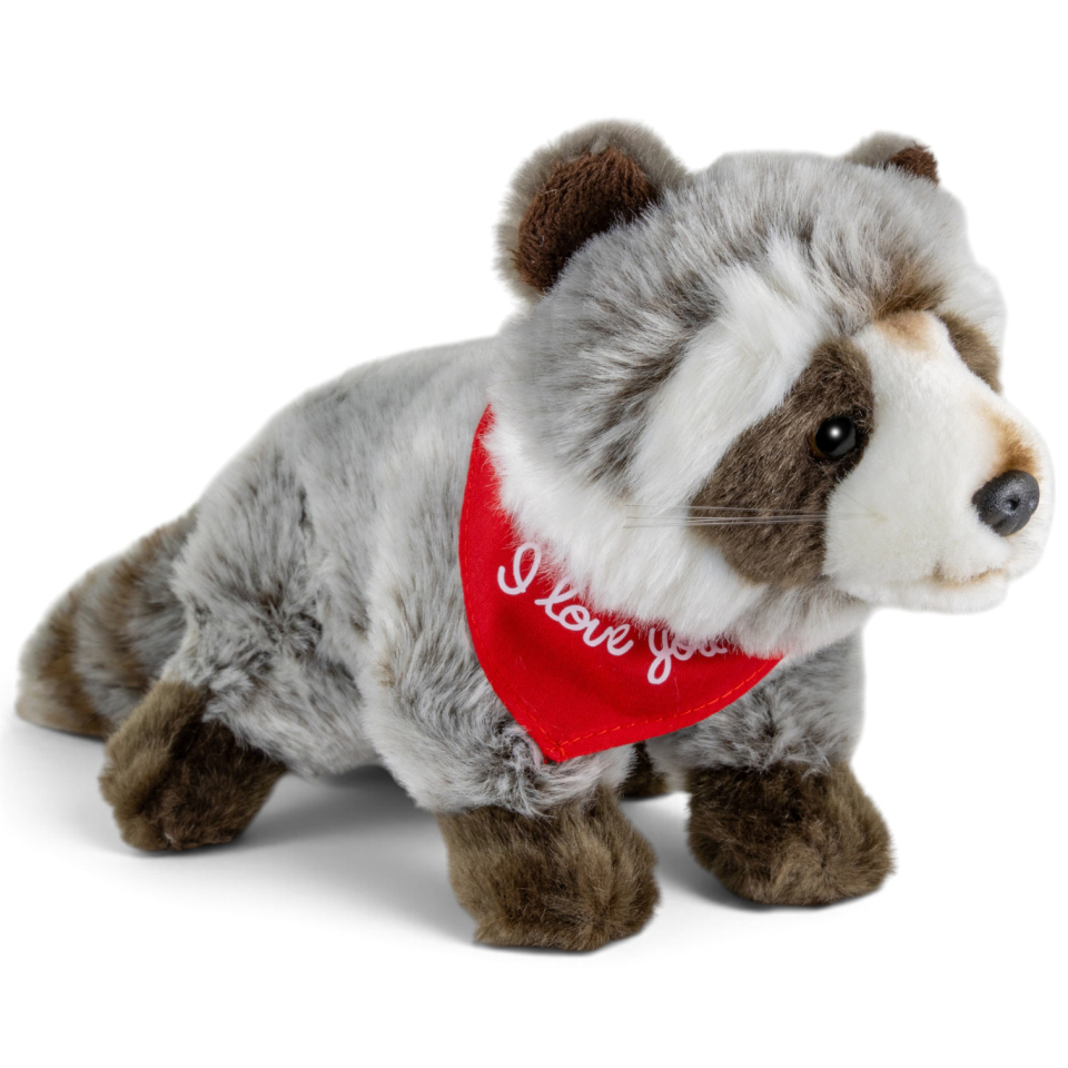 Plush Toy Raccoon – red “I Love You” scarf