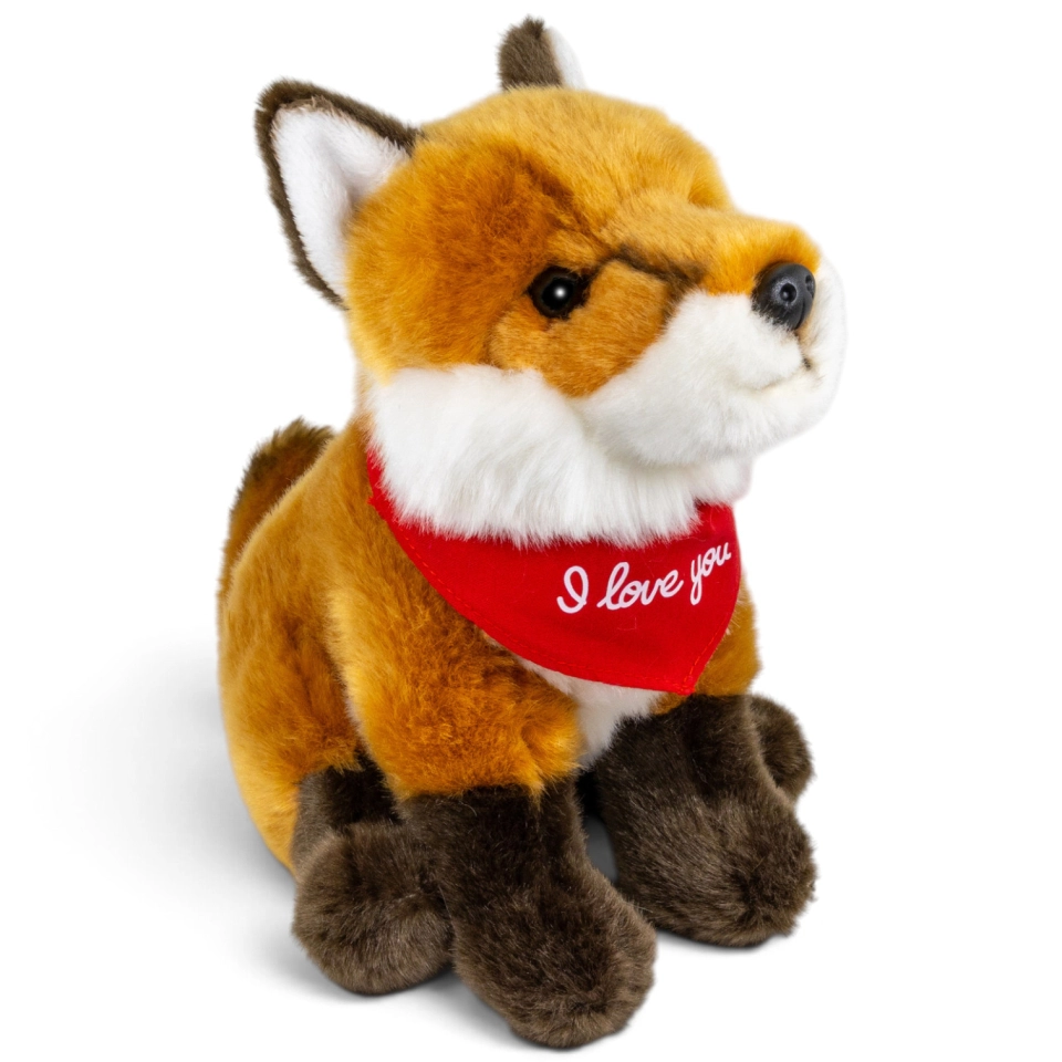 Plush Toy Fox sitting – red “I Love You” scarf