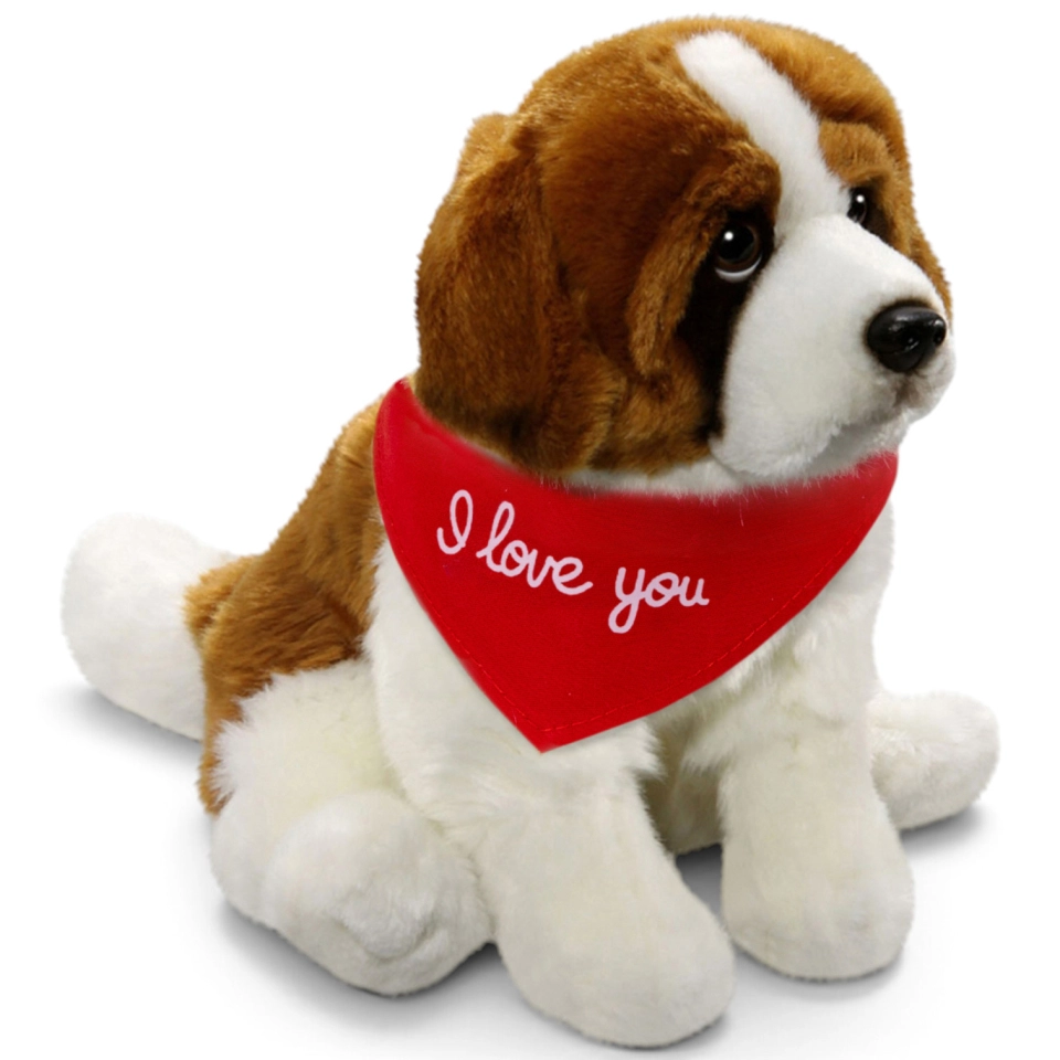 Soft Toy St. Bernard Dog sitting – red “I Love You” scarf