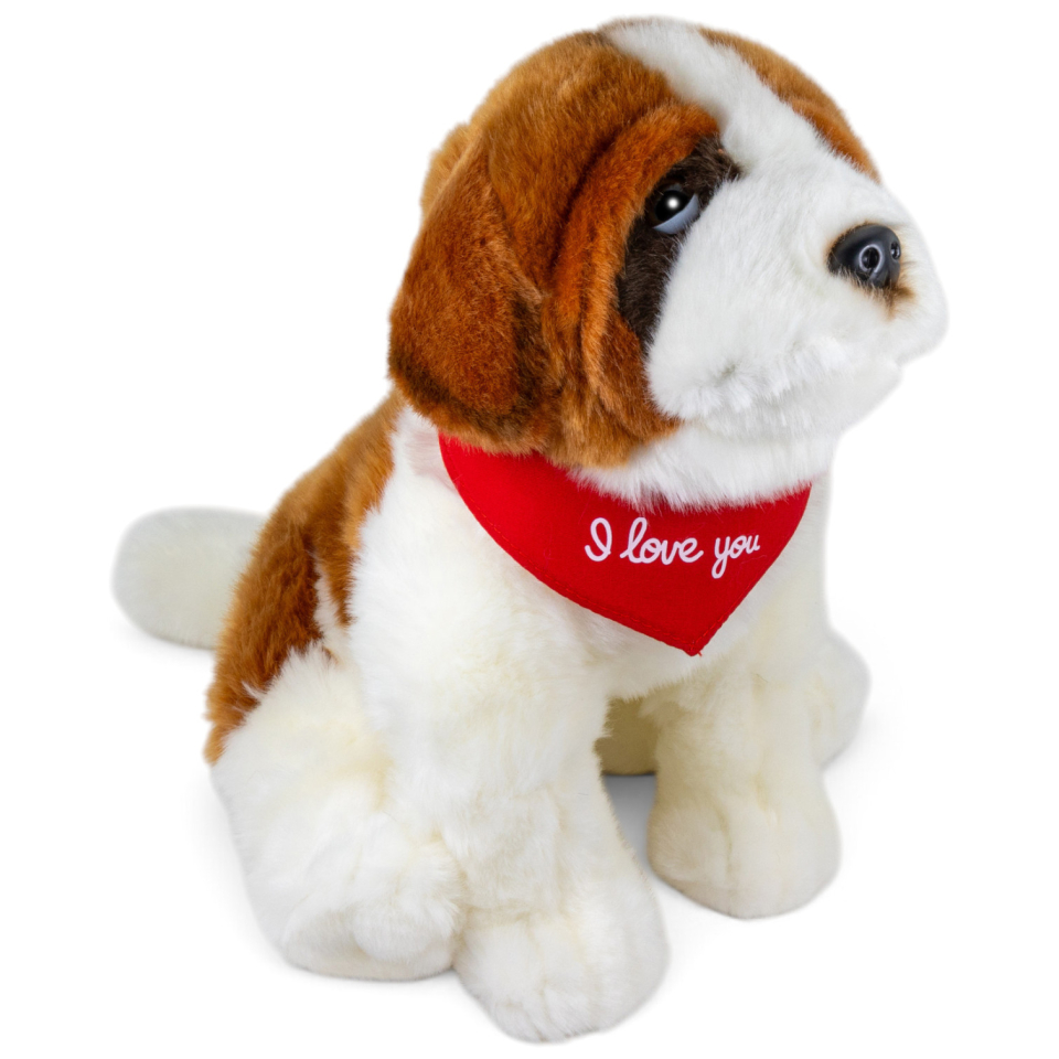 Plush Toy St. Bernard Dog sitting – red “I Love You” scarf