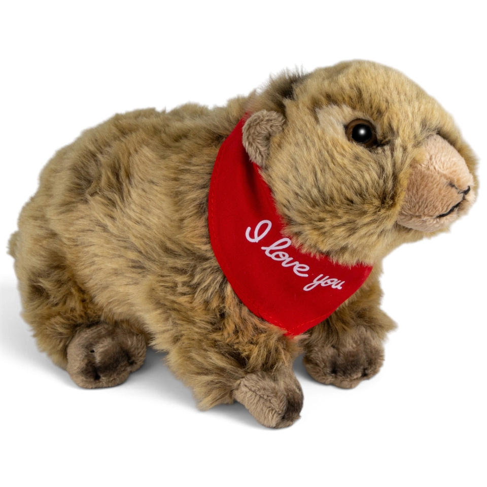 Plüschtier Murmeltier liegend – rotes „I Love You“-Halstuch