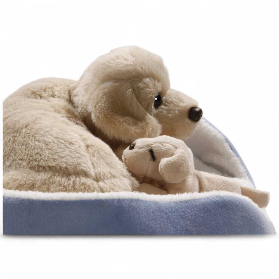 Golden Retriever mit Babys im Körbchen