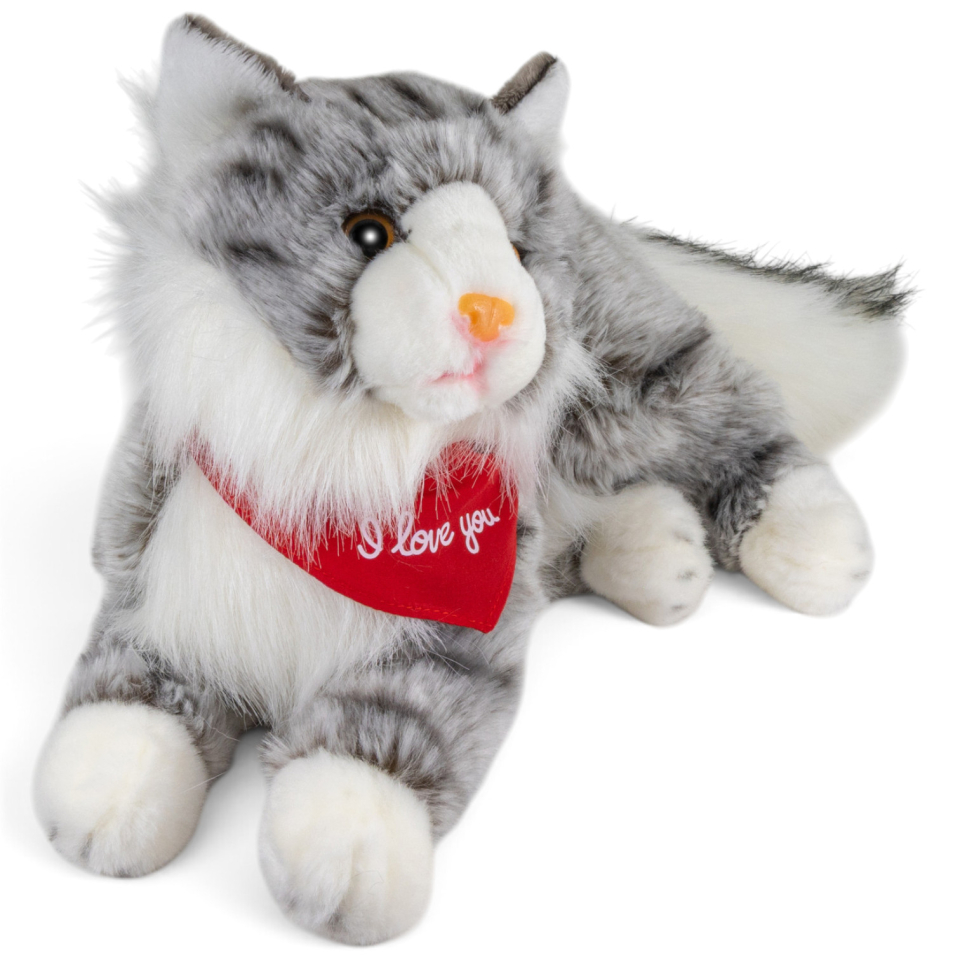 Plüschtier Katze Maine Coon grau-weiß liegend – rotes „I Love You“-Halstuch