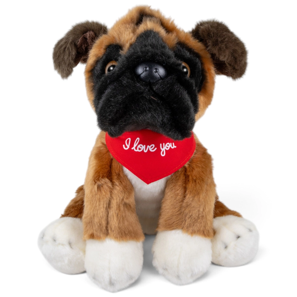 Soft Toy Boxer Dog – red “I Love You” scarf