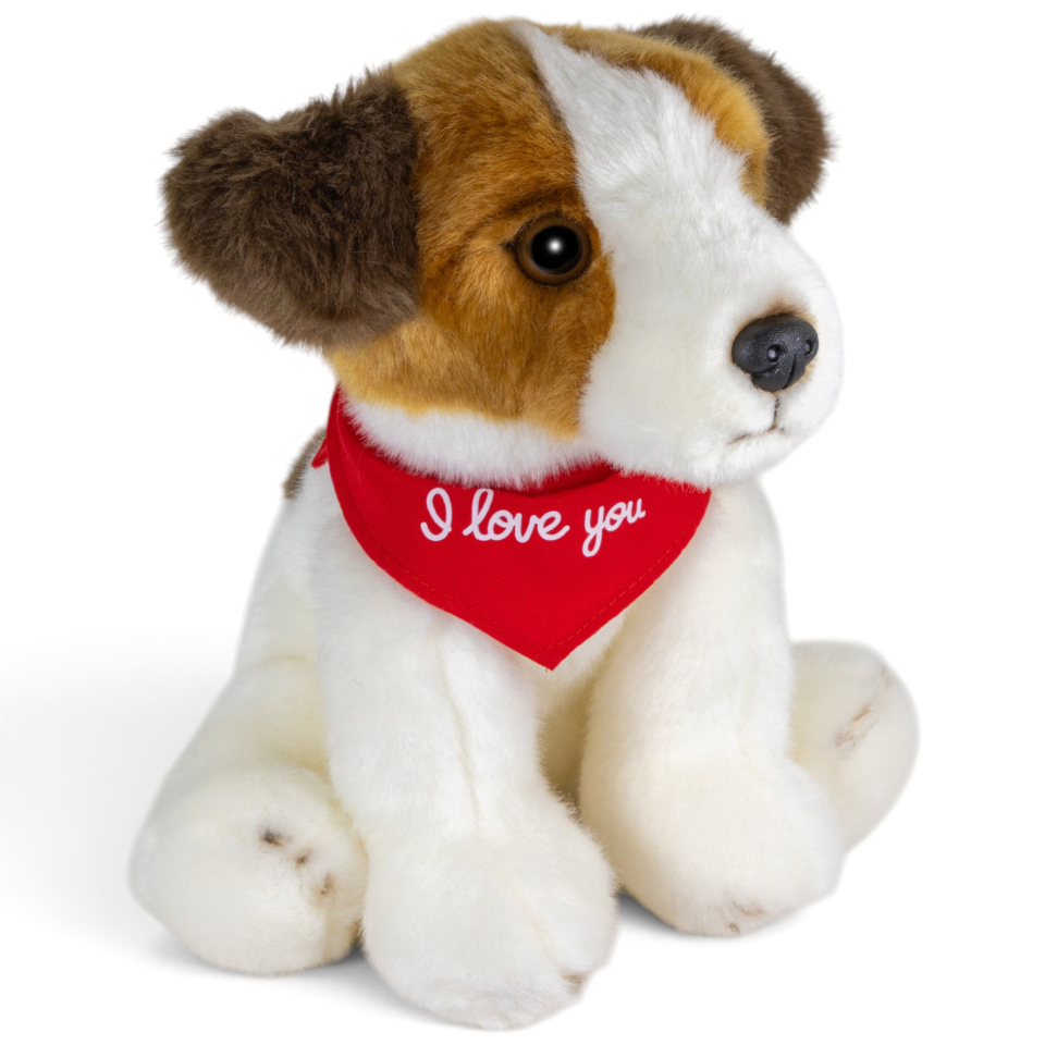 Plush Toy Jack Russell Dog Floppy – red “I Love You” scarf