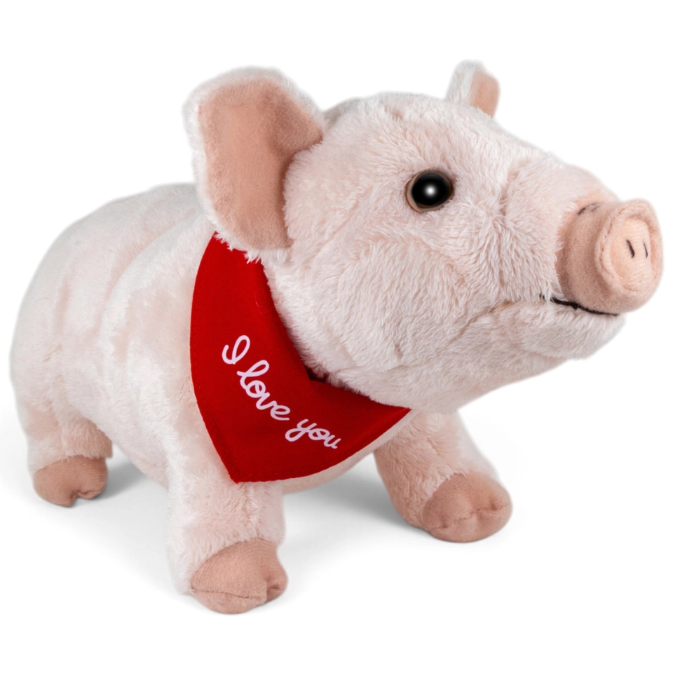 Plüschtier Schwein stehend – rotes „I Love You“-Halstuch