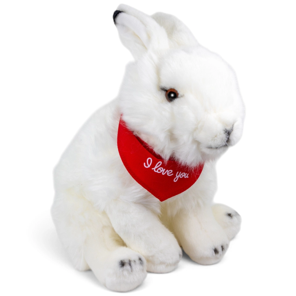 Plüschtier Hase sitzend weiß, Schneehase – rotes „I Love You“-Halstuch