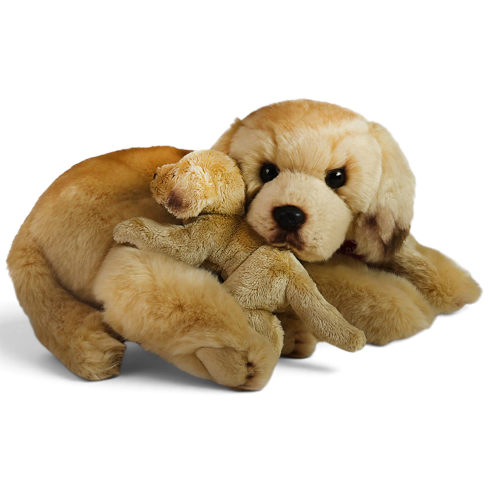 Plush Toy Labrador with Baby – red “I Love You” scarf