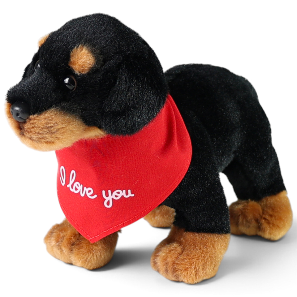 Plüschtier Rottweiler stehend – rotes „I Love You“-Halstuch