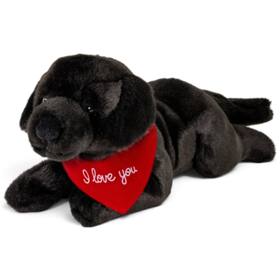 Soft Toy Labrador lying black – red “I Love You” scarf