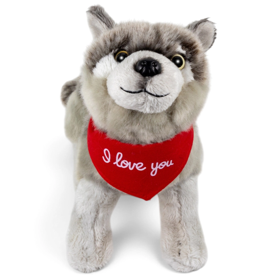Kuscheltier Wolf – rotes „I Love You“-Halstuch