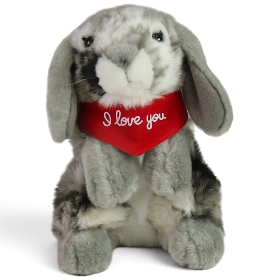 Kuscheltier Hase grau – rotes „I Love You“-Halstuch