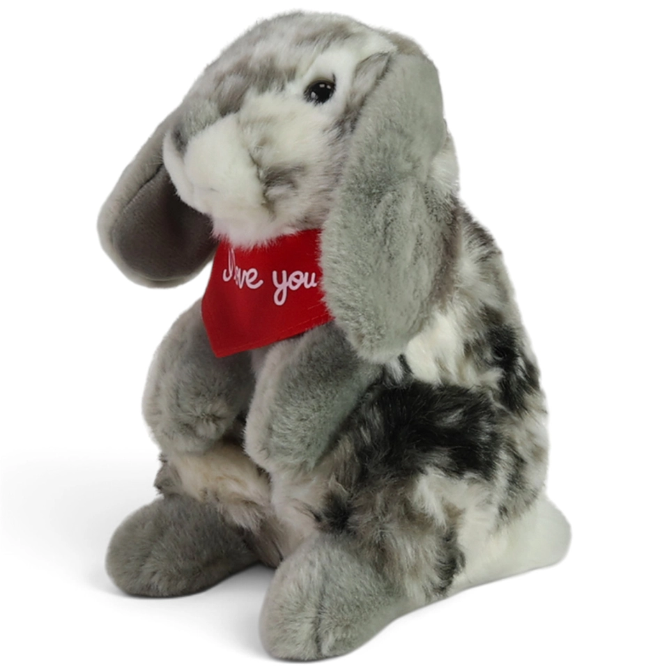 Plüschtier Hase grau – rotes „I Love You“-Halstuch