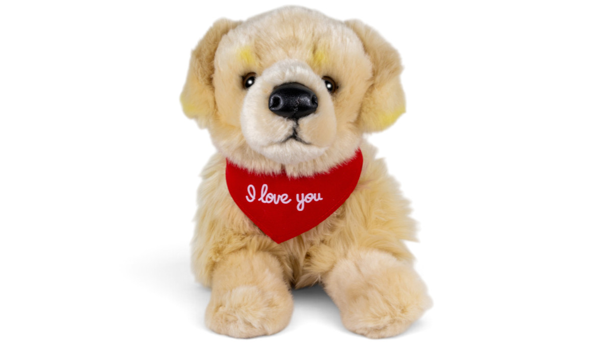 Soft Toy Golden Retriever – red “I Love You” scarf