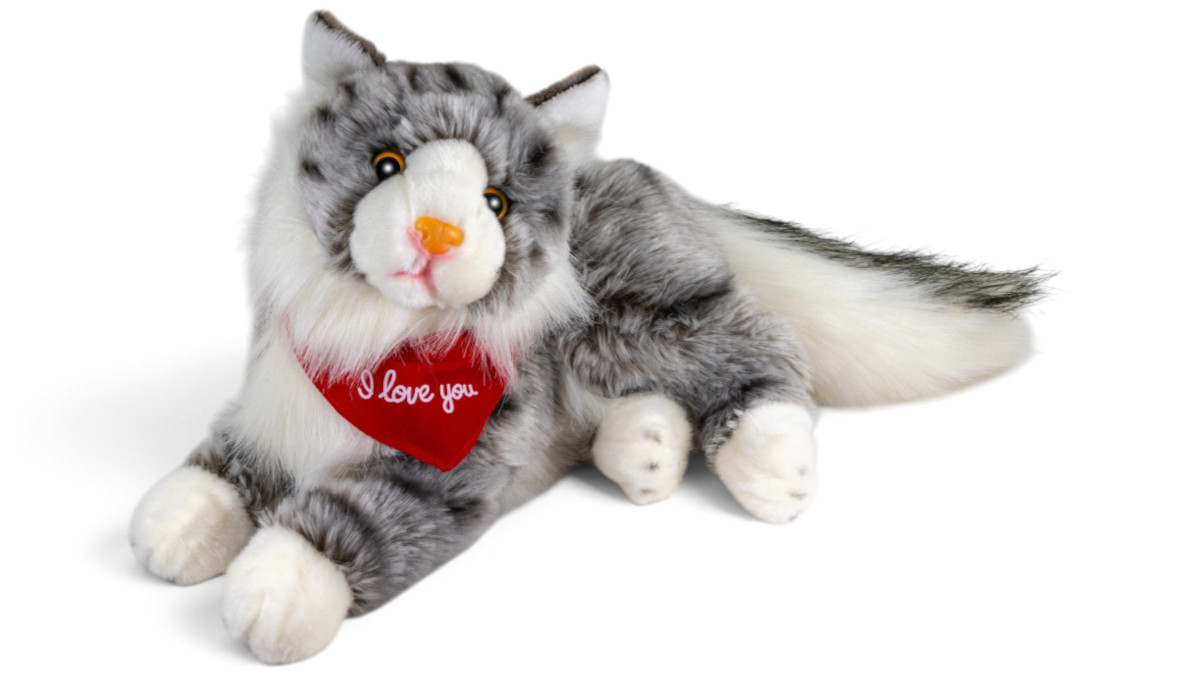 Soft Toy Cat, Maine Coon lying – red “I Love You” scarf