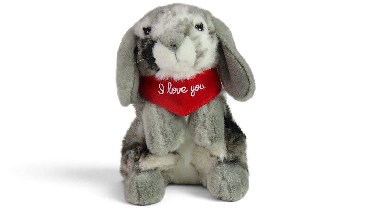 Soft Toy Rabbit, Hare grey – red “I Love You” scarf